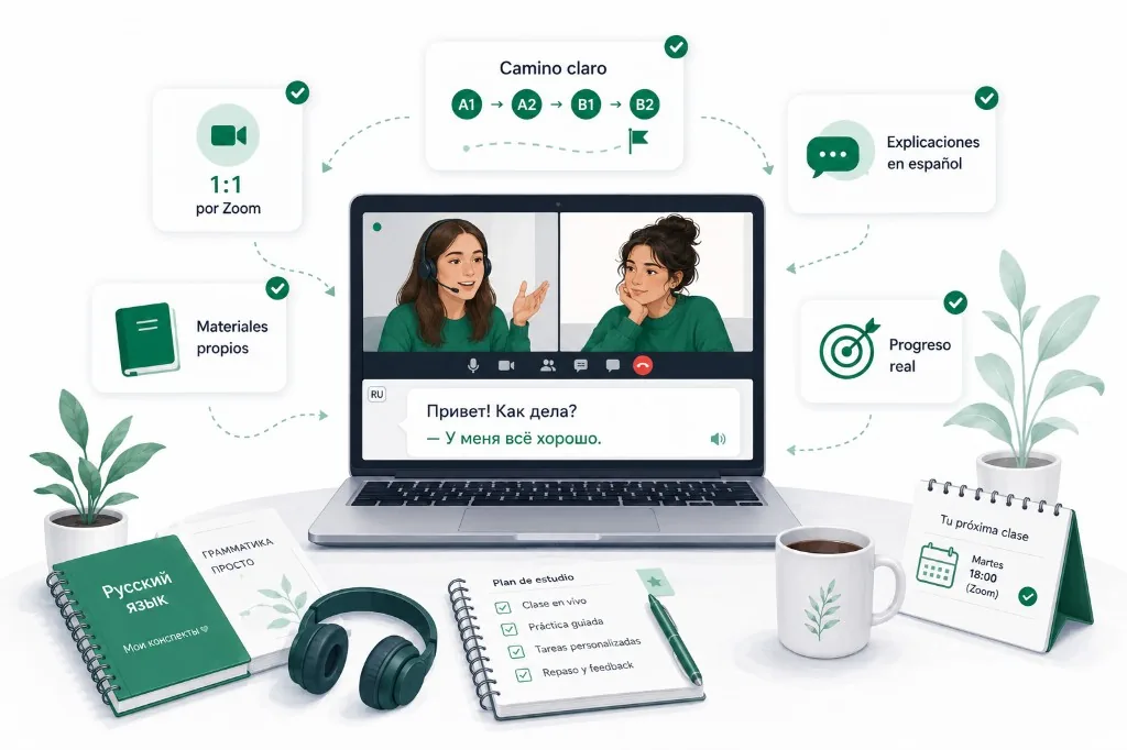 Clase de ruso online 1:1 por Zoom con materiales propios, plan de estudio y camino de A1 a B2