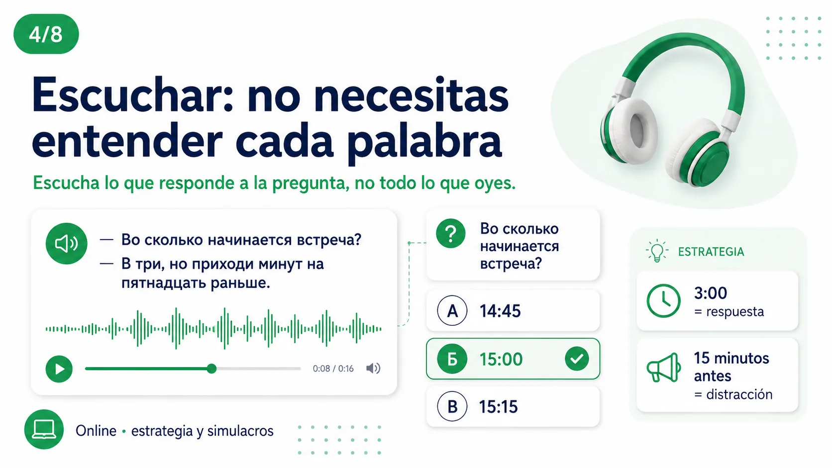 Estrategia de comprensión auditiva para el examen de ruso: escuchar lo que responde a la pregunta, no todo lo que oyes