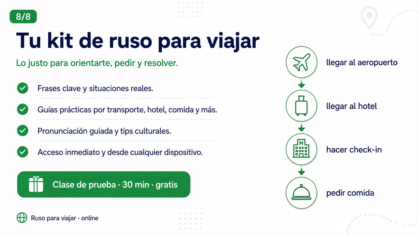 Kit de ruso para viajar: frases clave, guías por transporte y hotel, pronunciación y acceso online