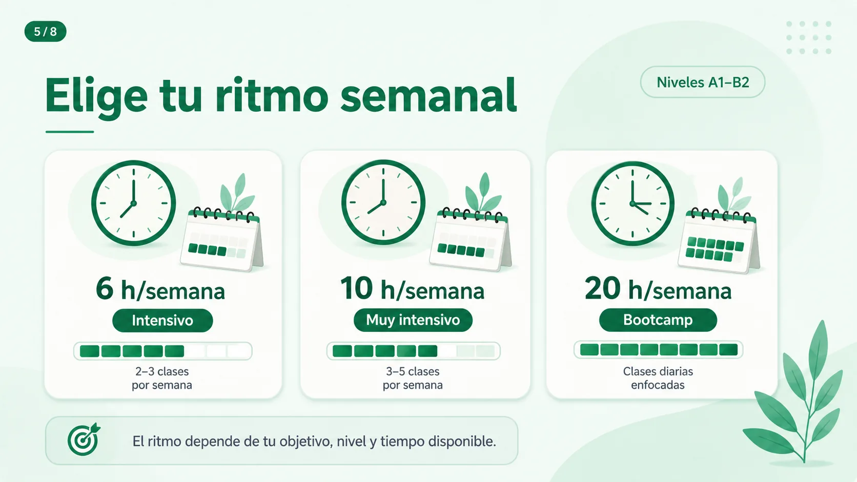 Ritmo semanal del curso intensivo de ruso: 6 h (intensivo), 10 h (muy intensivo) o 20 h (bootcamp) por semana