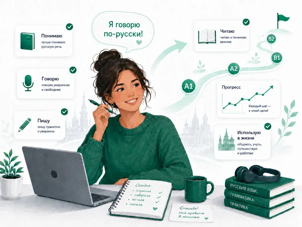 Progreso en clases de ruso online: entender, hablar, leer, escribir y usar el ruso en la vida, de A1 a B2